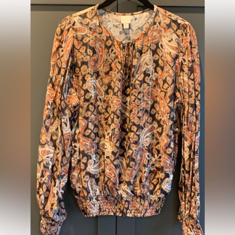 Roan and Ryan paisley print blouse with silver metallic threading.  Size M